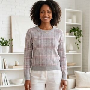 Bass Womens Small Vintage Grey Pink Plaid Cotton Crewneck Sweater Knit Preppy